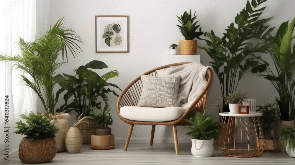 Stylish room with comfortable armchair and beautiful plants in modern house, Interior design.