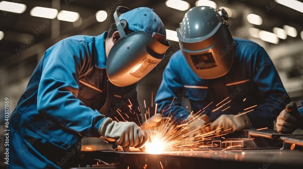 Welding worker team working arc weld metal joint production in heavy industry. Welding worker team working arc weld metal joint production in heavy industry.