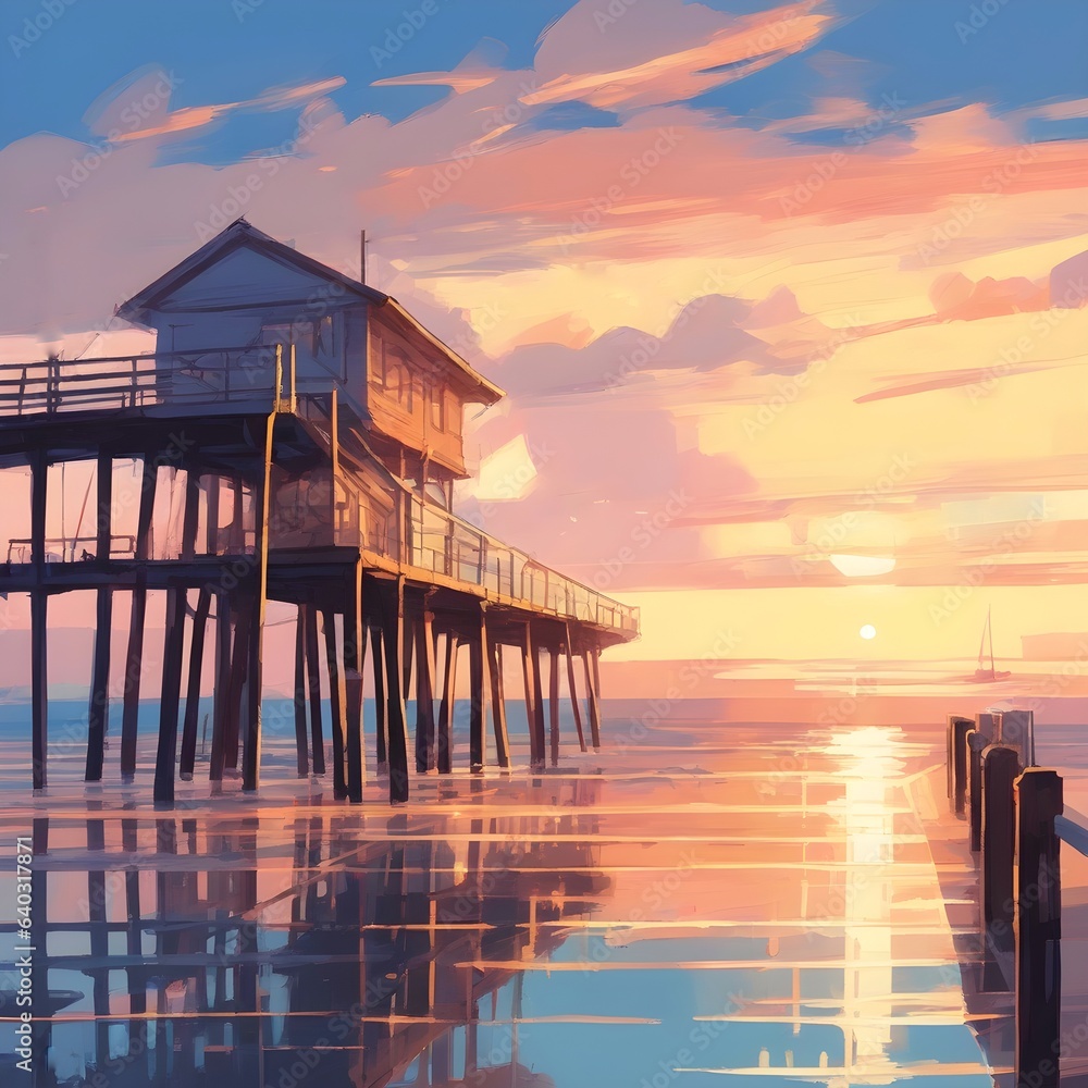 Pier on the shore of the beach. Beautiful illustration of sunset on the beach. Digital painting of the sunrise at the edge of the sea.