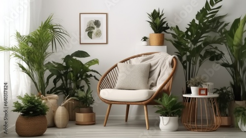 Stylish room with comfortable armchair and beautiful plants in modern house  Interior design.