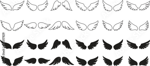 set of Wings with long feather. Angel or bird wing flat black icons. Aviation pilot patch badge. Heraldic vintage army insignia emblem falcon phoenix hawk.  winged frame. Biker logo stencil stamp..