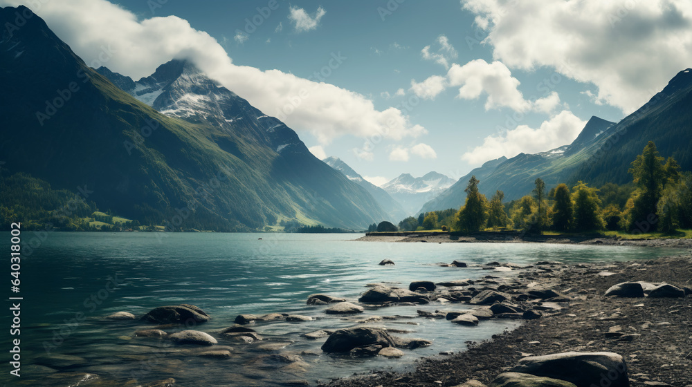 Naklejka premium Beautiful view of the mountains behind the lake