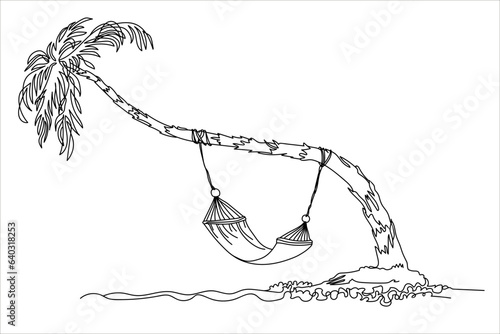 Outline beach relax illustration. Palm, hammock, sea, ocean, resort vacation print.
