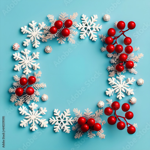 Frame from red berries and snowflakes on a blue background. Copy space, top view, flat layer.