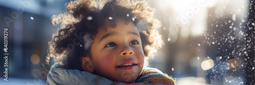 Portrait of child on a background of snowflakes