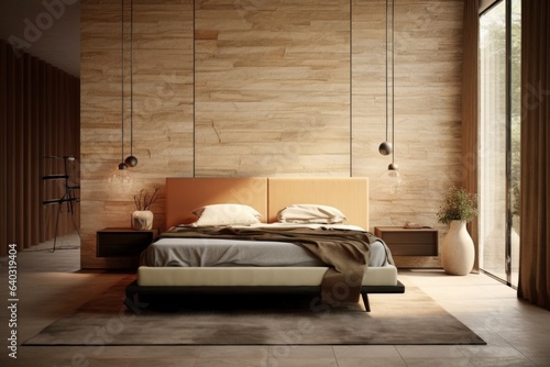 Modern, light beige and brown bedroom. Close up details of contemporary design of bedroom with wooden walls and led lightning. © aboutmomentsimages