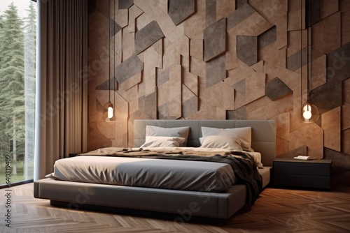 Modern, light beige and brown bedroom. Close up details of contemporary design of bedroom with wooden walls and led lightning.