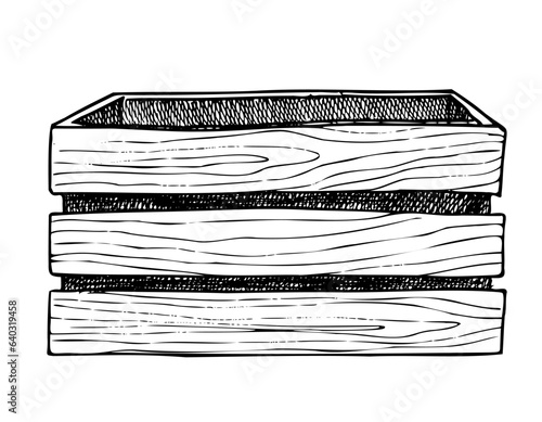 Storage wooden Box for flowers or fruits. Hand drawn vector illustration isolated on transparent background painted by black inks in line art style. Drawing of old Empty container with planks.