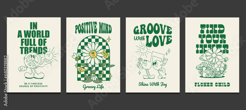 groovy hippie posters 70s, retro posters with cute cartoon characters, vector illustration