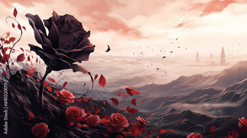 manga Styled black rose petals flying away from rose and in background there is a beautiful landscape
