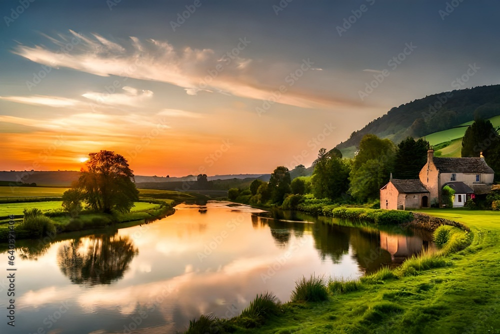sunset over the river generated Ai. sunset over the river generated Ai.