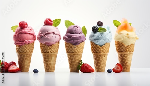 Wallpaper Mural five fruit ice creams cone in row white background. Strawberry, raspberry, blueberry, blackberry. Torontodigital.ca