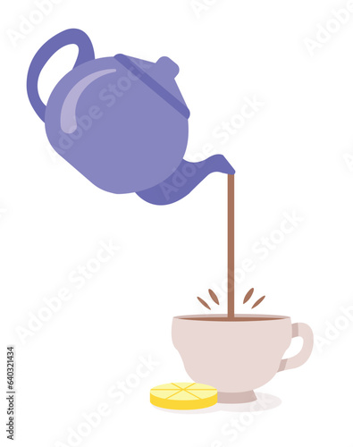 Teapot pouring a spot of tea in a teacup with a slice of lemon.
