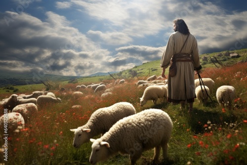 Gentle Shepherd's Stroll: Jesus Walking Alongside His Flock in a Meadow 