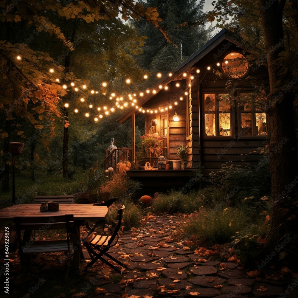 Wooden secluded house in the forest decorated with street bright garlands and light bulbs. Romantic atmosphere, cozy autumn evening. AI generated illustration.
