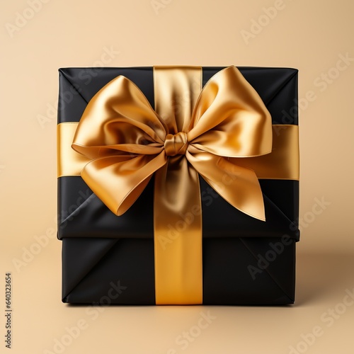 Gift wrap. Black and yellow box with a bow on a plain background. Concept: Festive atmosphere present for the holidays
