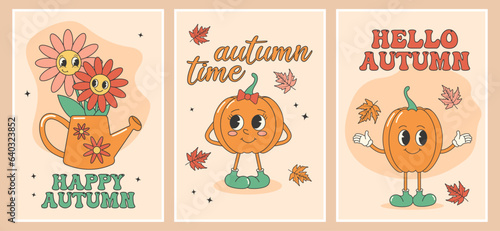 Groovy autumn fall card, poster set with cute autumn pumpkins and sayings. Cartoon characters in trendy retro style, comic mascot characters.