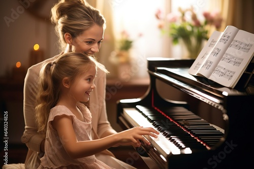 A young girl taking a piano lesson, passionately playing the keys. Musical education and talent development in progress. 'generative AI'