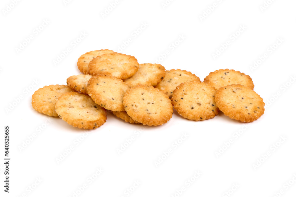 Salted crackers, isolated on white background. High resolution image.