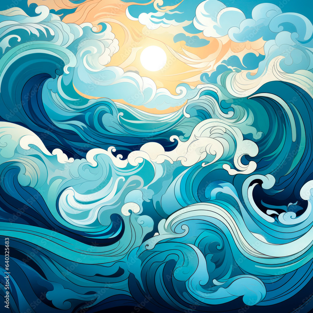 Stylized illustration of sea waves. Blue waves pattern. Marine pattern. Sea breeze abstract drawing with paints. Cartoon sea drawing. Generative ai. Stylized illustration of sea waves. Blue waves pattern. Marine pattern. Sea breeze abstract drawing with paints. Cartoon sea drawing. Generative ai.