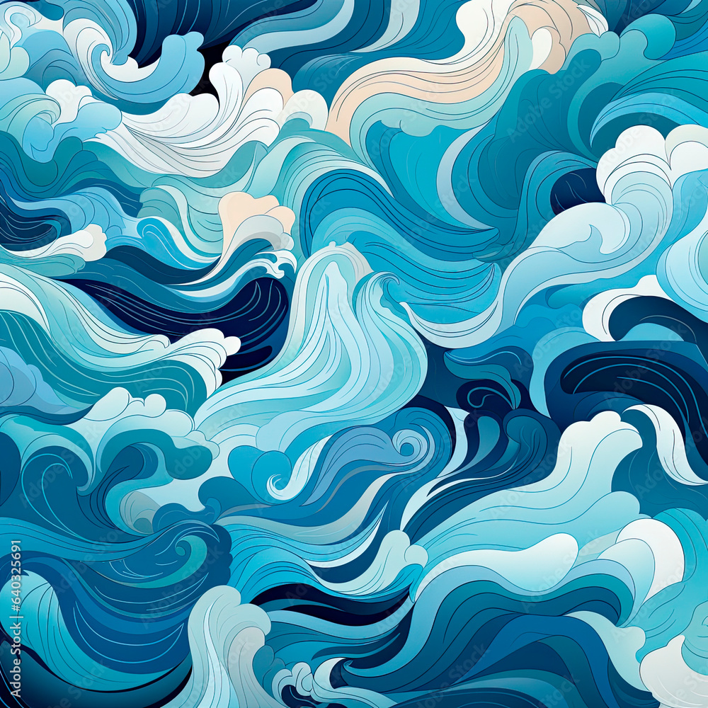 Stylized illustration of sea waves. Blue waves pattern. Marine pattern. Sea breeze abstract drawing with paints. Cartoon sea drawing. Generative ai. Stylized illustration of sea waves. Blue waves pattern. Marine pattern. Sea breeze abstract drawing with paints. Cartoon sea drawing. Generative ai.