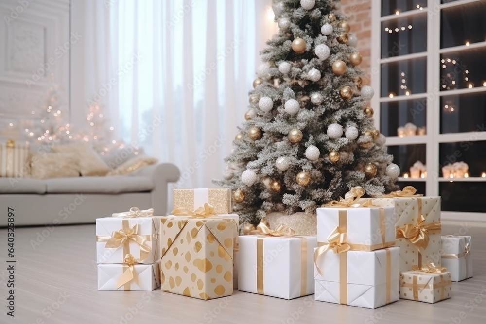 Christmas gift boxes near Christmas tree Christmas gift boxes near Christmas tree
