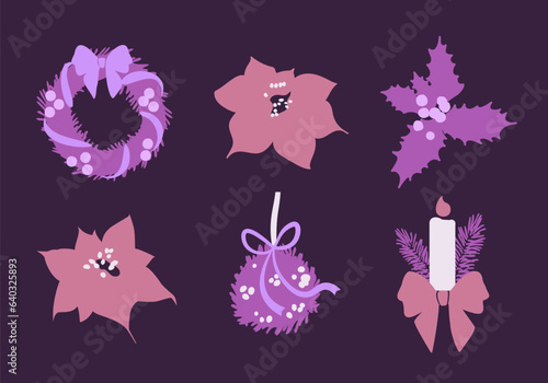 Set of Christmas elements. Poinsettia plants and flowers  holly berries  mistletoe with a bow  a candle with fir branches and a bow. Vector isolated elements in purple hues.