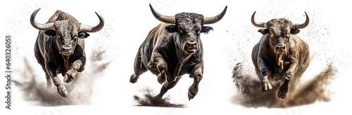 Angry bull with big horns running Isolated on transparent background photo