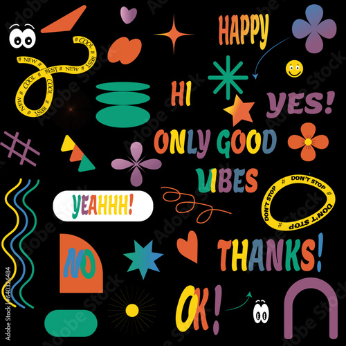 Naive playful abstract shapes sticker pack. Groovy circle oval rectangle arch eyes typography in trendy retro 90s cartoon style. Vector illustration with wavy geometric elements. Brutalism aesthetic.