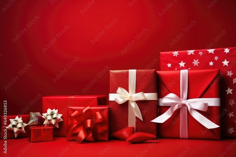 Christmas gift boxes on red background Christmas gift boxes on red background