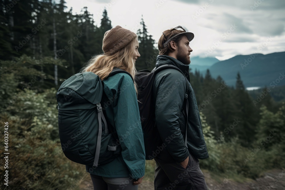 Couple backpack hiking mountains. Generate Ai