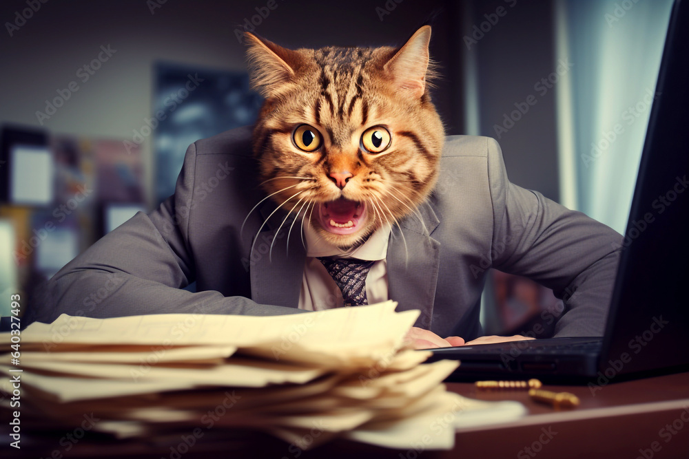 Cat boss. Angry boss shouting to an employee. Cat office worker. Deadline. AI generated. Cat boss. Angry boss shouting to an employee. Cat office worker. Deadline. AI generated.