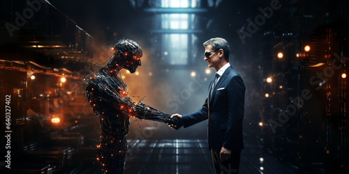 Artificial intelligence and human handshake for good business. AI generated.