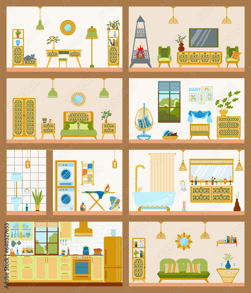 Cozy dollhouse with carved furniture in Art Deco style. Section of an elegant house with furniture. Home with bedroom, kitchen, living room, bathroom,laundry room. Illustration in a flat cartoon style Cozy dollhouse with carved furniture in Art Deco style. Section of an elegant house with furniture. Home with bedroom, kitchen, living room, bathroom,laundry room. Illustration in a flat cartoon style