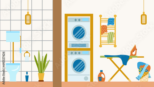 The interior of a vintage-style toilet room and a modern laundry room with a washing machine and dryer, ironing board and iron. Illustration in a flat cartoon style.