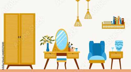 The interior of a stylish boudoir for a girl with a mirror and a dressing table, perfumes and cosmetics in the boho style. Illustration in a flat cartoon style. interior is in vintage style