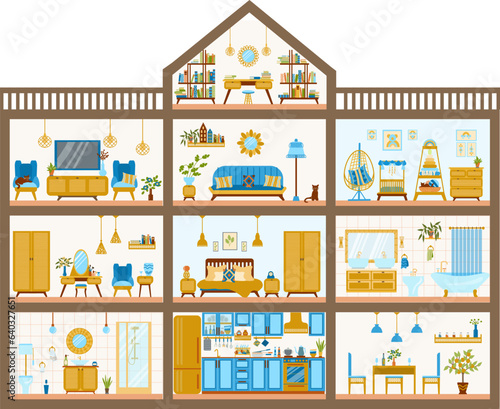 Сozy, stylish three-story house with an attic and boho-style furniture, a cute dollhouse with nine rooms, illustration in a flat cartoon style. The interior is in vintage style.