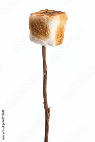 Marshmallow on Twig Toasted to Perfection Isolated on White Background. Generative ai