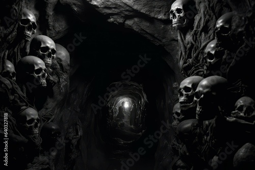 Creepy skull underground tomb. Generate Ai