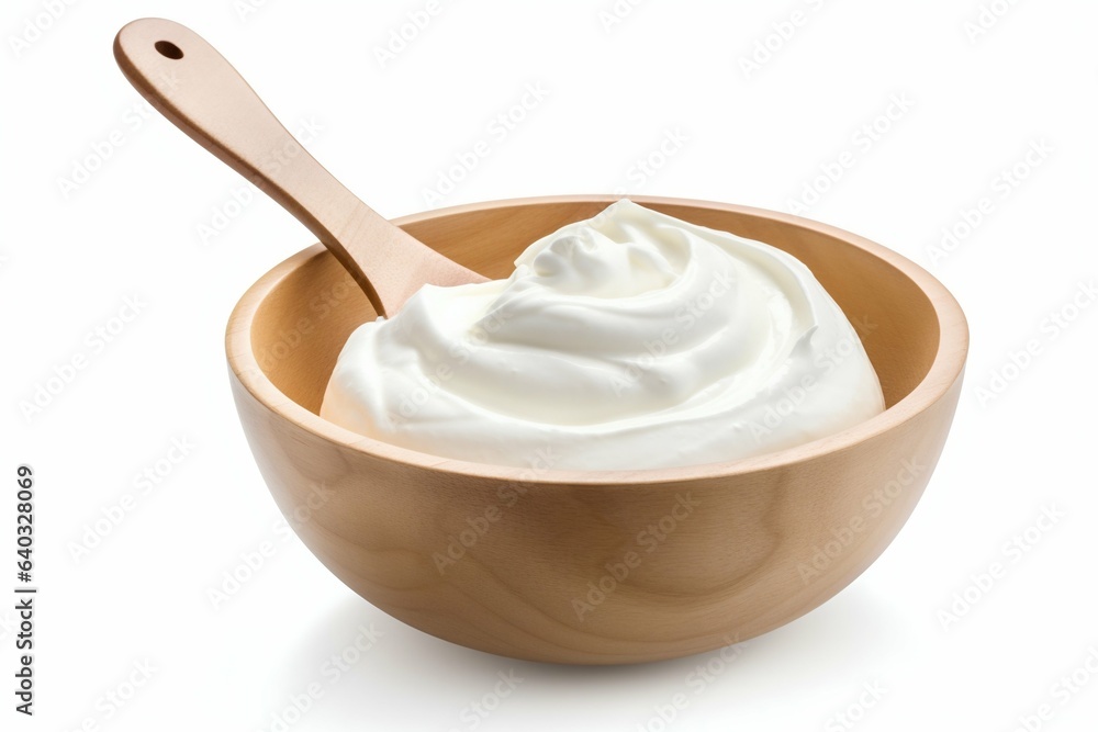 Creamy Sour Cream in Wooden Set Isolated on White Background. Generative ai Creamy Sour Cream in Wooden Set Isolated on White Background. Generative ai
