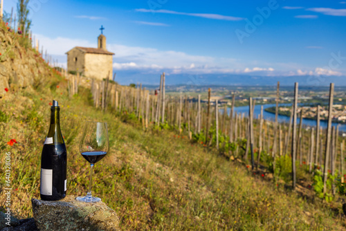 Grand cru vineyard and Chapel of Saint Christopher, Tain l'Hermitage, Rhone-Alpes, France photo
