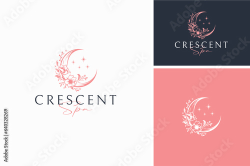 Initial Letter C Crescent Celestial Lunar Flower, Beauty Moon Floral for Woman Vibes like Spa, Cosmetic, Skin Care, Massage logo design