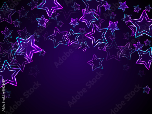 Neon luminous stars music vector background. Violet led magic New Year sparkles.