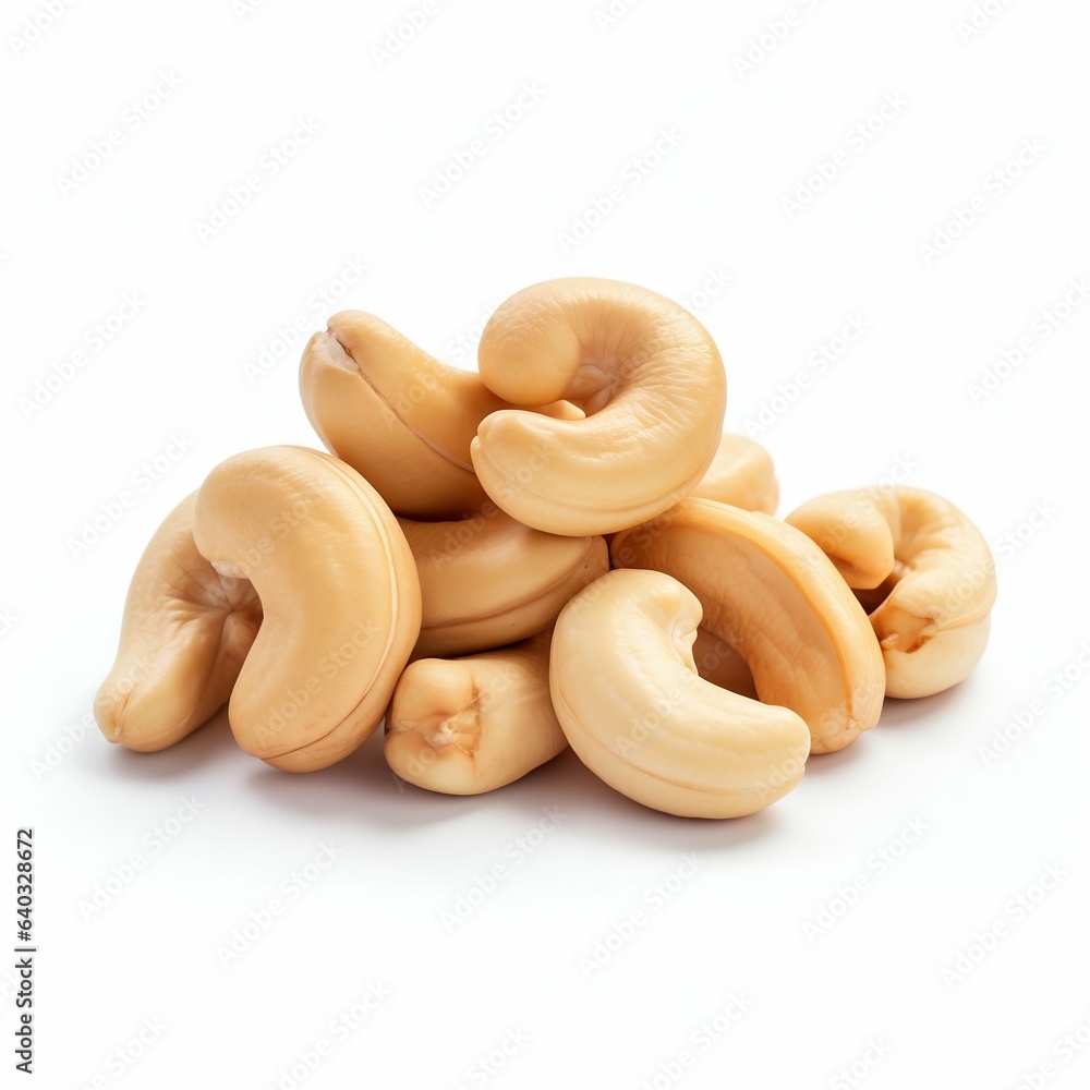 Piled Cashew Nuts Isolated on White Background. Generative ai Piled Cashew Nuts Isolated on White Background. Generative ai