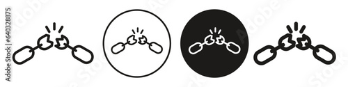 Broken chain icon. Vector set of damage product link. Symbol of weak or failed connection between part or path of industrial object. Flat outline of disconnect metal package. Logo sign of url break 