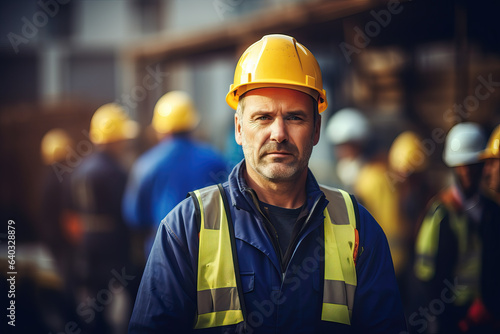 portrait of worker with hardhat and worker in blurry background, ai generated