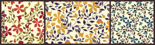 Seamless floral pattern, vintage ditsy print with garden flowering branches in collection. Botanical design in the old style: small hand drawn flowers, leaves, thin branches, light background. Vector.