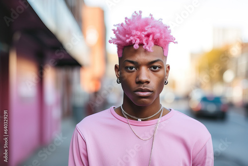 portrait of young black man with pink hair, ai generated