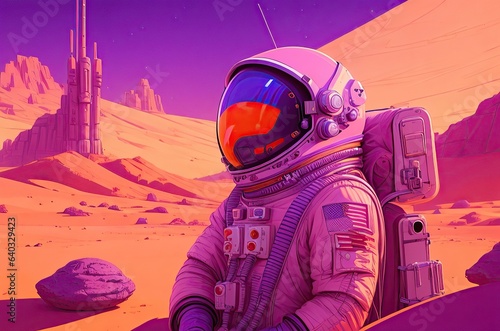 Vibrant synthwave astronaut amidst a desert landscape. Captivating colors and intricate details. Unique digital art with American astronaut in retro style.