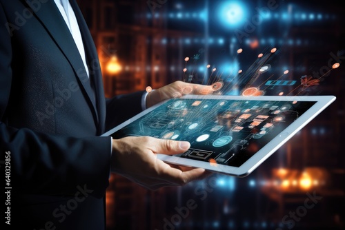 Close up of businessman hands using tablet pc with business infographs on screen, Businessman hand touching digital tablet with digital technology icons on virtual screen, AI Generated